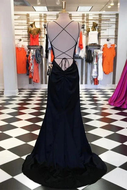 Simple Black Satin Sheath Spaghetti Straps Long Prom Dresses Evening Gown simple gentle atmospheric and unique desi Bring summer colors to enhance whiteness by YiHuiw