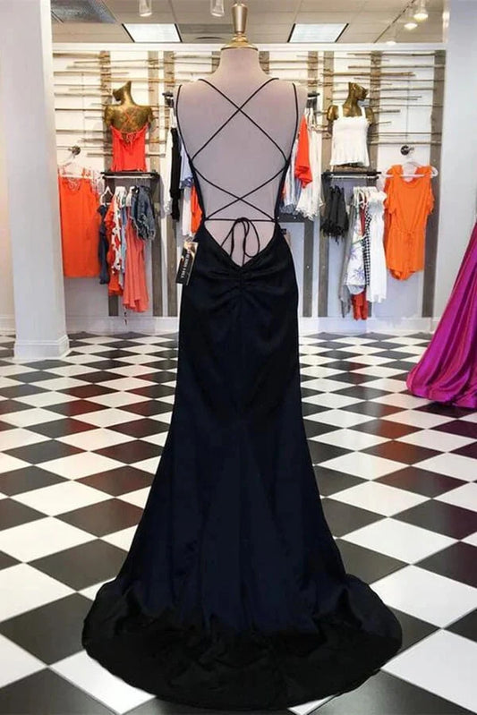 Simple Black Satin Sheath Spaghetti Straps Long Prom Dresses Evening Gown simple gentle atmospheric and unique desi Bring summer colors to enhance whiteness by YiHuiw