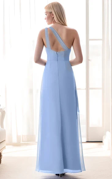Blue Sheath One-Shoulder Chiffon Zipper Back Ruffled Floor-Length Wedding Dress - Yihuiw by Yihuiw