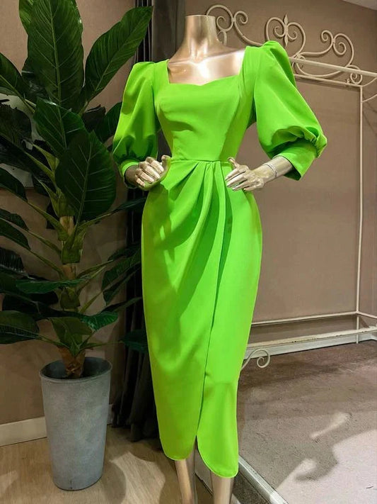 Simple Green Sheath Party Dress Midi Formal Dresses with Sleeves Discount Long Bridesmaid Dresses by YiHuiw