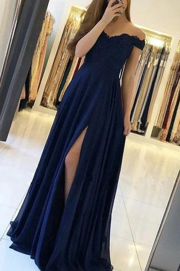 Simple Navy Chiffon A Line Off the Shoulder Prom Dresses With Side Split simple gentle atmospheric and unique desi Bring summer colors to enhance whiteness by YiHuiw