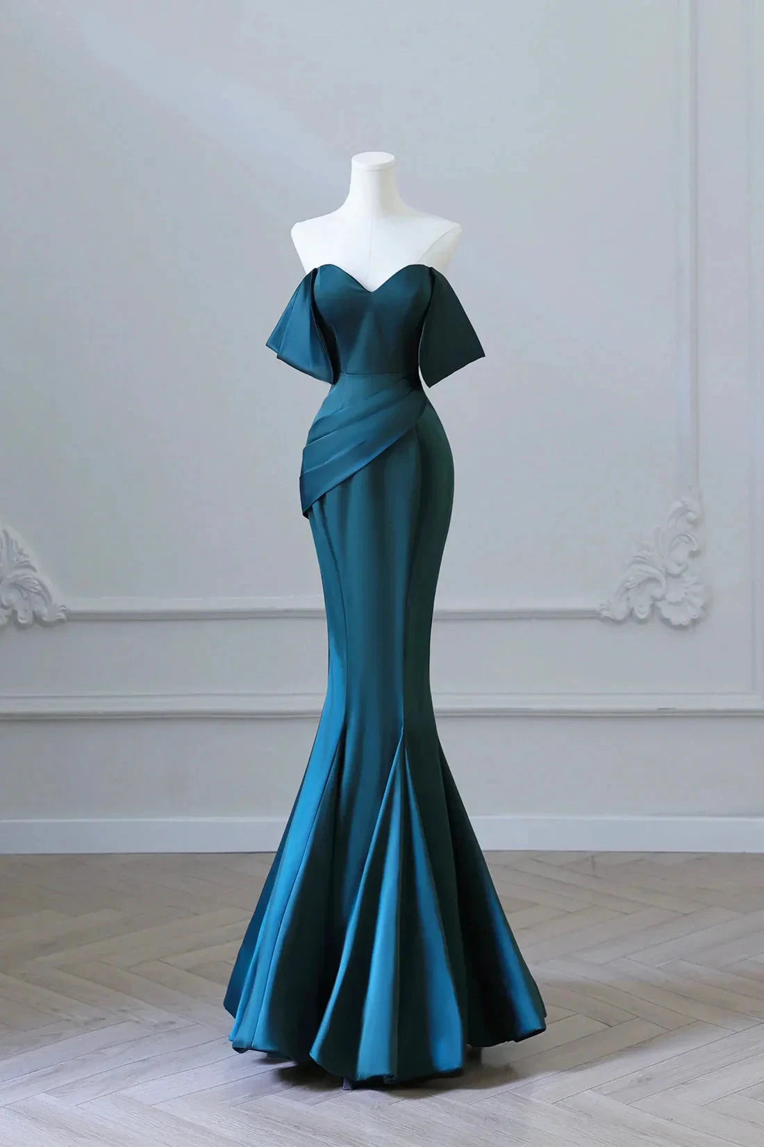 Simple Off Shoulder Satin Ink Blue Long Prom Dress Ink Blue Mermaid Formal Dress simple gentle atmospheric and unique desi Bring summer colors to enhance white by YiHuiw