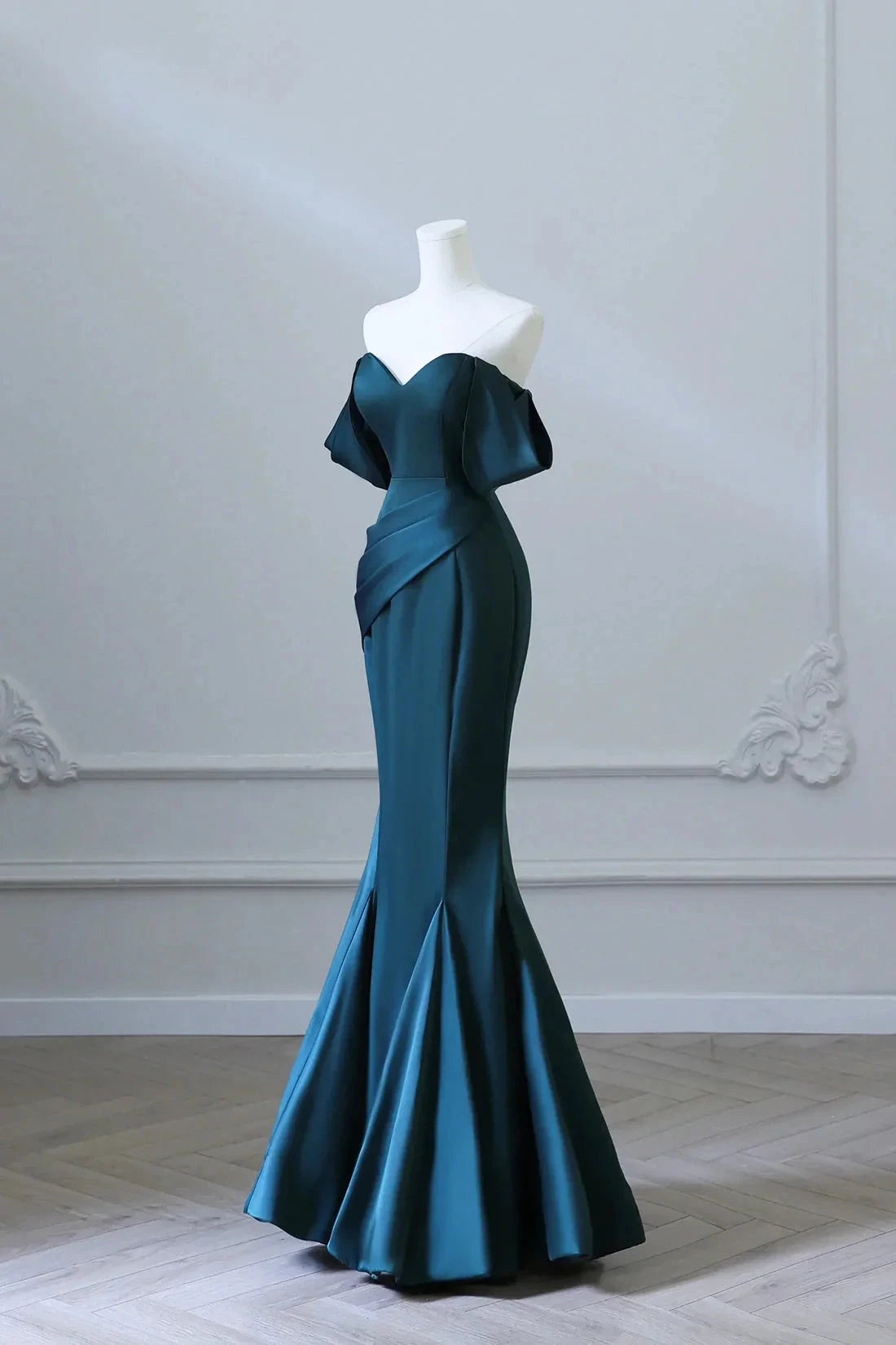 Simple Off Shoulder Satin Ink Blue Long Prom Dress Ink Blue Mermaid Formal Dress simple gentle atmospheric and unique desi Bring summer colors to enhance white by YiHuiw