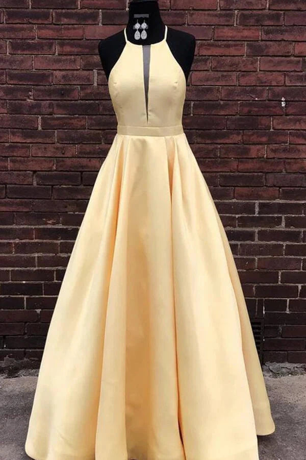 Simple Satin A-line Halter Floor-length Long Prom Dresses, Evening Dresses simple gentle atmospheric and unique desi Bring summer colors to enhance whiteness by YiHuiw