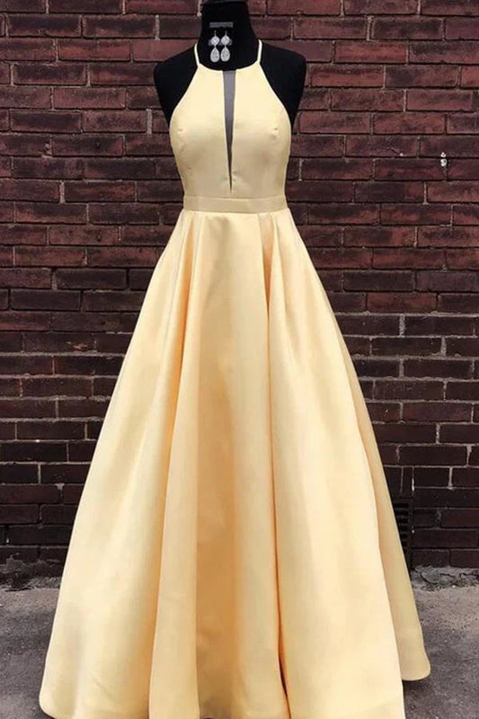Simple Satin A-line Halter Floor-length Long Prom Dresses, Evening Dresses simple gentle atmospheric and unique desi Bring summer colors to enhance whiteness by YiHuiw