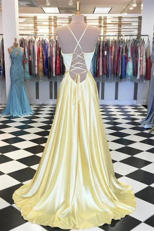 Simple Satin A-line V-neck Spaghetti Straps Prom Dresses, Evening Gown simple gentle atmospheric and unique desi Bring summer colors to enhance whiteness by YiHuiw
