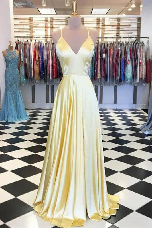 Simple Satin A-line V-neck Spaghetti Straps Prom Dresses, Evening Gown simple gentle atmospheric and unique desi Bring summer colors to enhance whiteness by YiHuiw