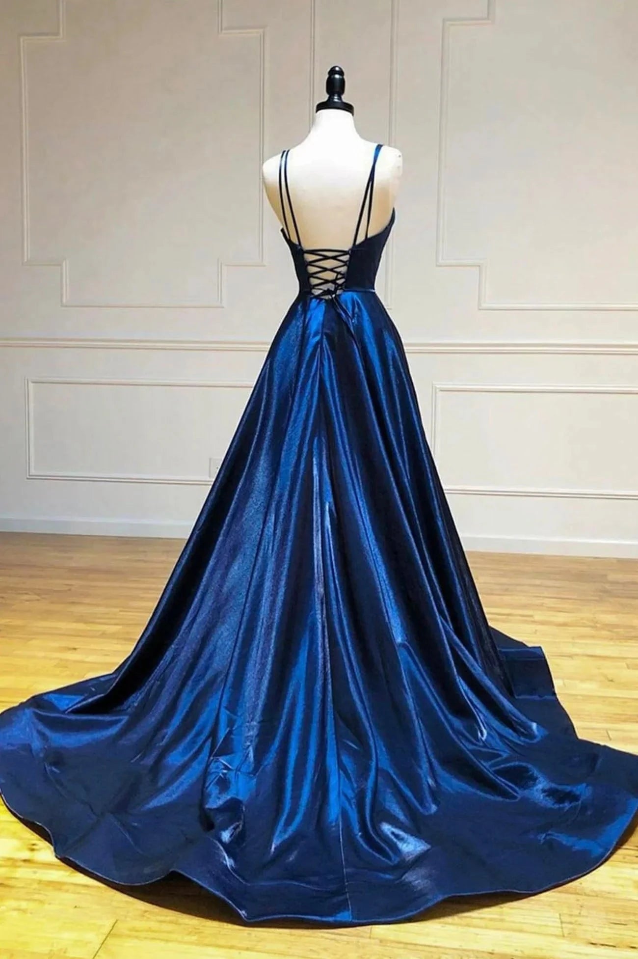 Simple Satin Long A-Line Prom Dress Blue Spaghetti Strap Evening Party Dress simple gentle atmospheric and unique desi Bring summer colors to enhance whitenes by YiHuiw