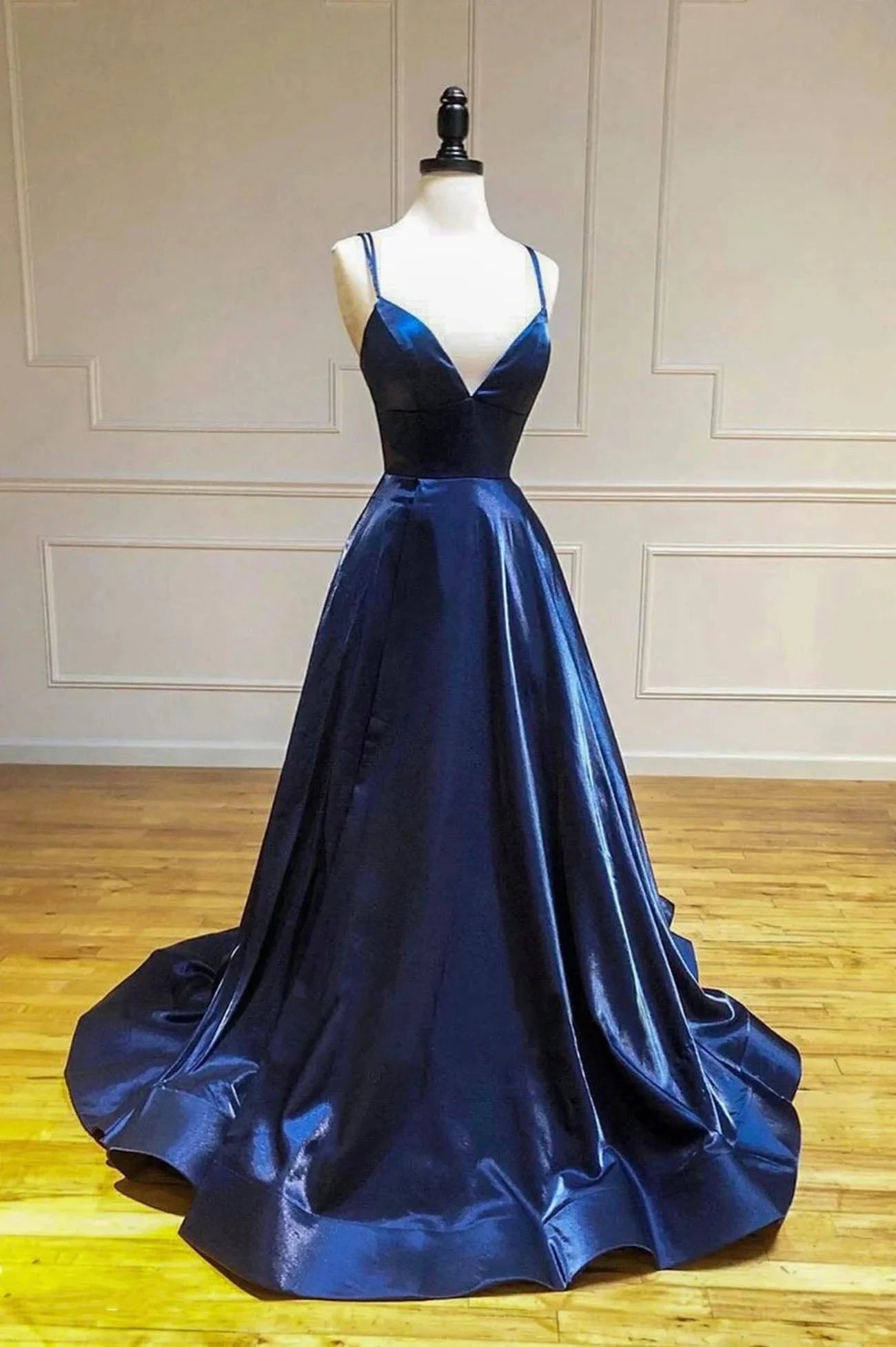 Simple Satin Long A-Line Prom Dress Blue Spaghetti Strap Evening Party Dress simple gentle atmospheric and unique desi Bring summer colors to enhance whitenes by YiHuiw