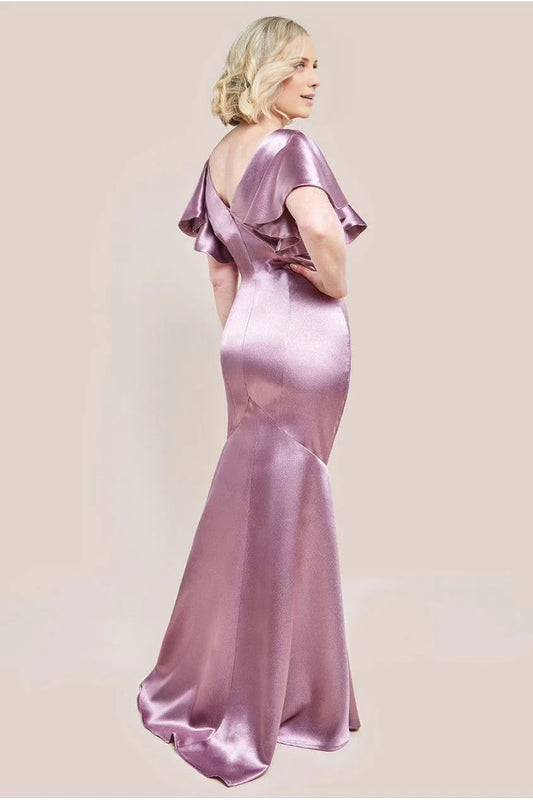 Simple Satin Square Neck Ruffled Sleeve V-Back Mermaid Floor-Length Mother of the Bride Dress