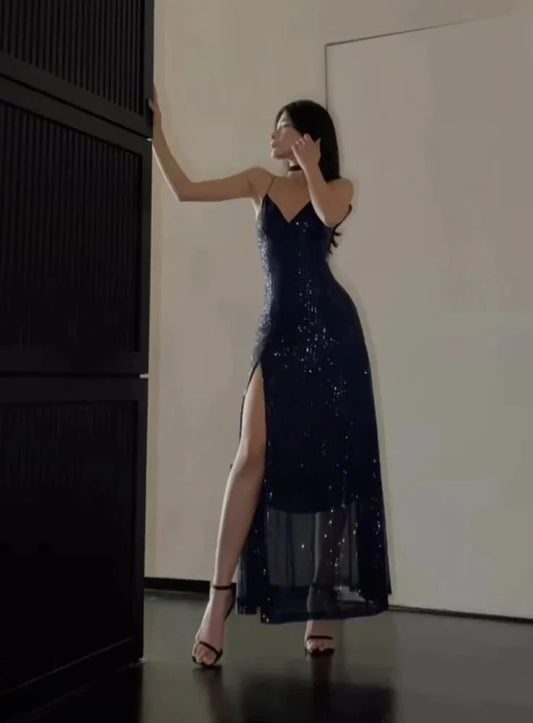 Simple Sheath Spaghetti Straps Sleeveless Navy Blue Sequin Slit Prom Dresses Formal Summer Wedding Guest Dresses Wedding Guest Outfits simple gentle atmospheric and unique desi Bring summer colors to enhance whiteness by YiHuiw