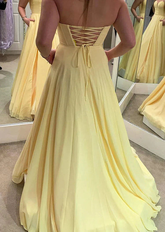 Simple Yellow Long Prom Dress with Pockets,Lace Up back Graduation Dresses simple gentle atmospheric and unique desi Bring summer colors to enhance whiteness by YiHuiw