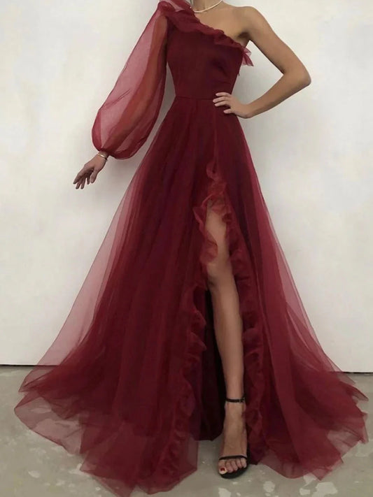 Simple burgundy one shoulder long prom dress burgundy evening dress simple gentle atmospheric and unique desi Bring summer colors to enhance whiteness by YiHuiw