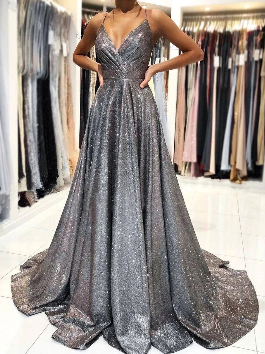 Simple gray v neck satin long prom dress gray evening dress simple gentle atmospheric and unique desi Bring summer colors to enhance whitenes by YiHuiw