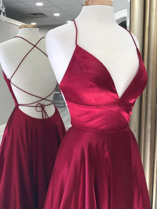 Simple red v neck satin long prom dress red evening dress simple gentle atmospheric and unique desi Bring summer colors to enhance whiteness by YiHuiw