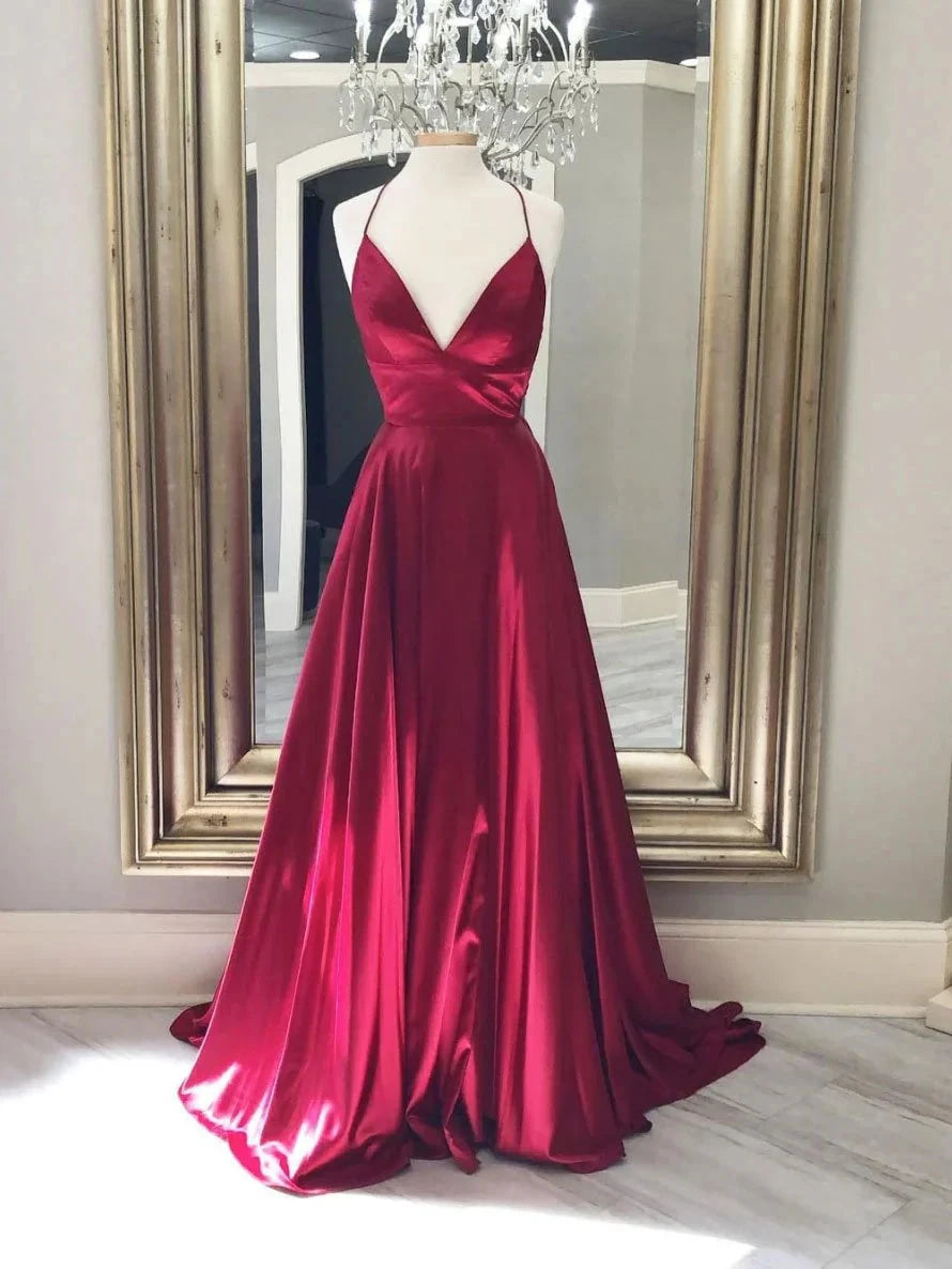 Simple red v neck satin long prom dress red evening dress simple gentle atmospheric and unique desi Bring summer colors to enhance whiteness by YiHuiw
