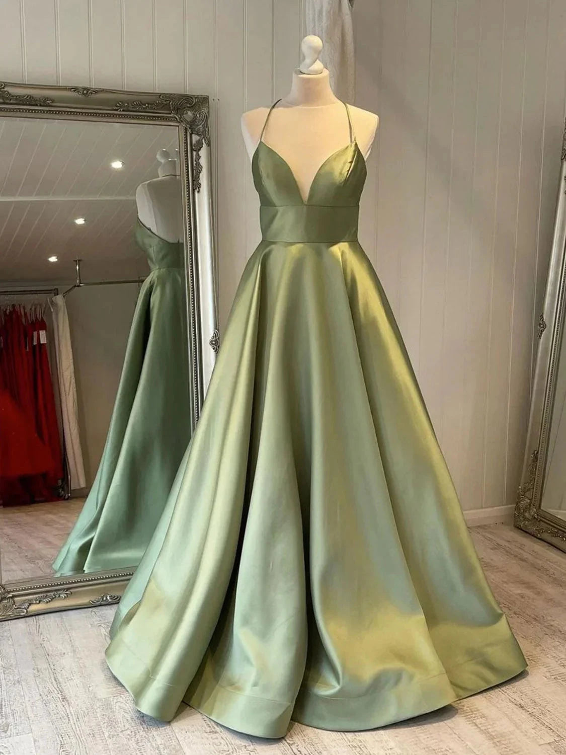 Simple v neck green satin long prom dress green evening dress simple gentle atmospheric and unique desi Bring summer colors to enhance whitenes by YiHuiw