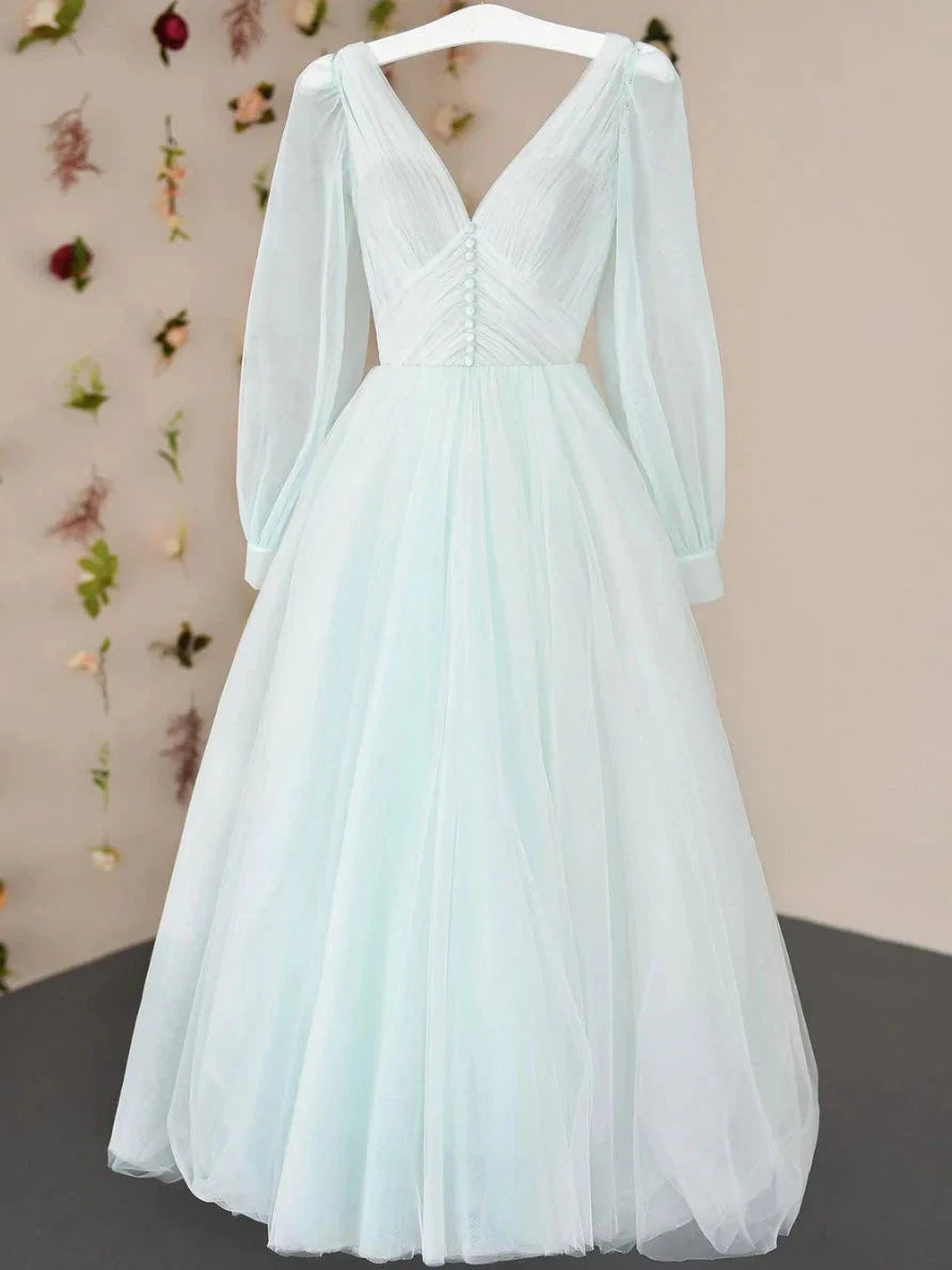 Simple v neck tulle tea length prom dress tulle formal dress simple gentle atmospheric and unique desi Bring summer colors to enhance whitenes by YiHuiw