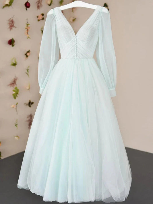Simple v neck tulle tea length prom dress tulle formal dress simple gentle atmospheric and unique desi Bring summer colors to enhance whitenes by YiHuiw