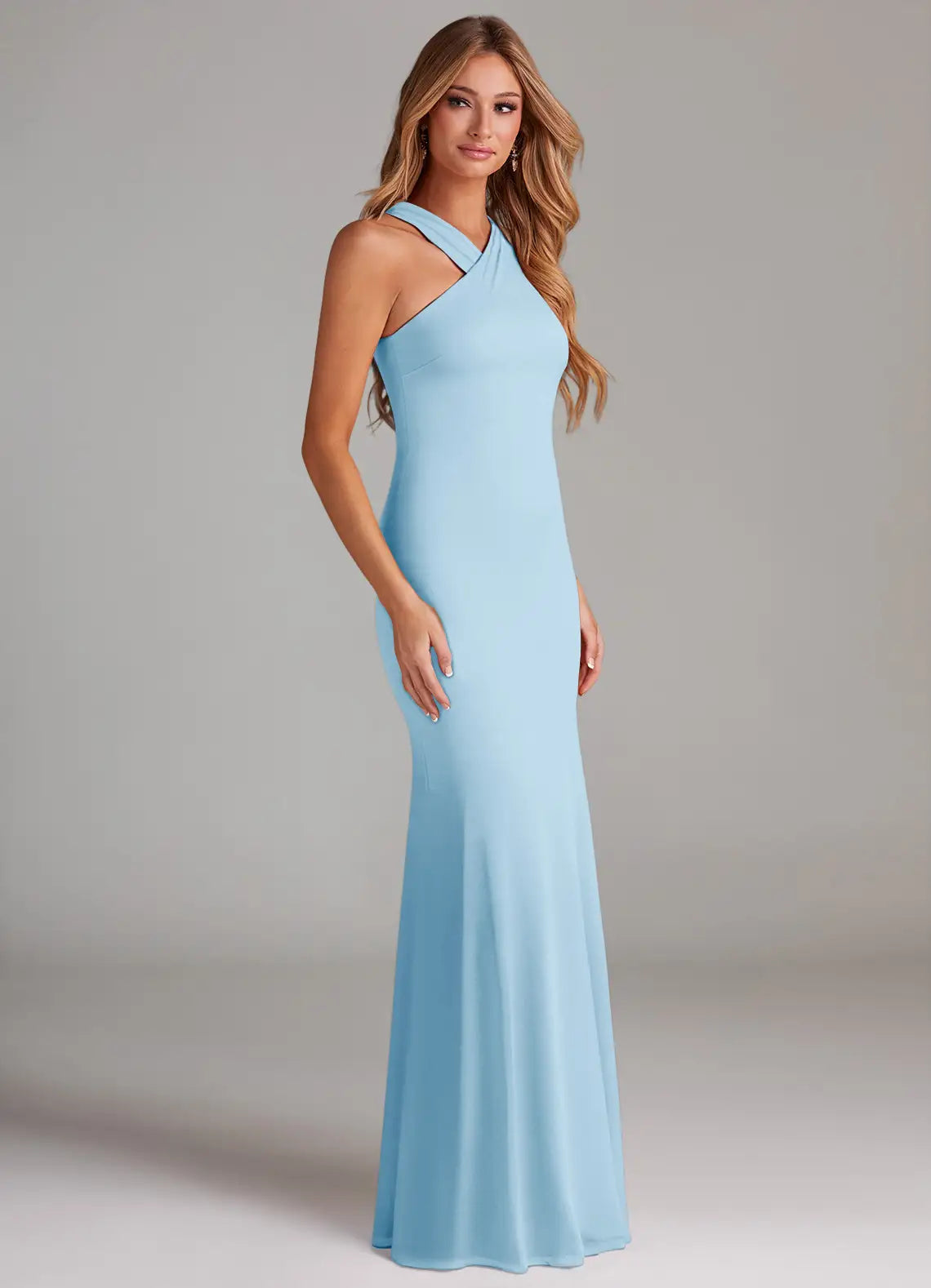 Sky Blue Mermaid Halter Chiffon Floor-Length Wedding Dress - Yihuiw by Yihuiw