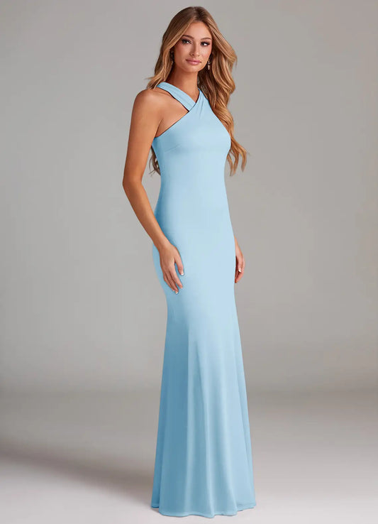 Sky Blue Mermaid Halter Chiffon Floor-Length Wedding Dress - Yihuiw by Yihuiw