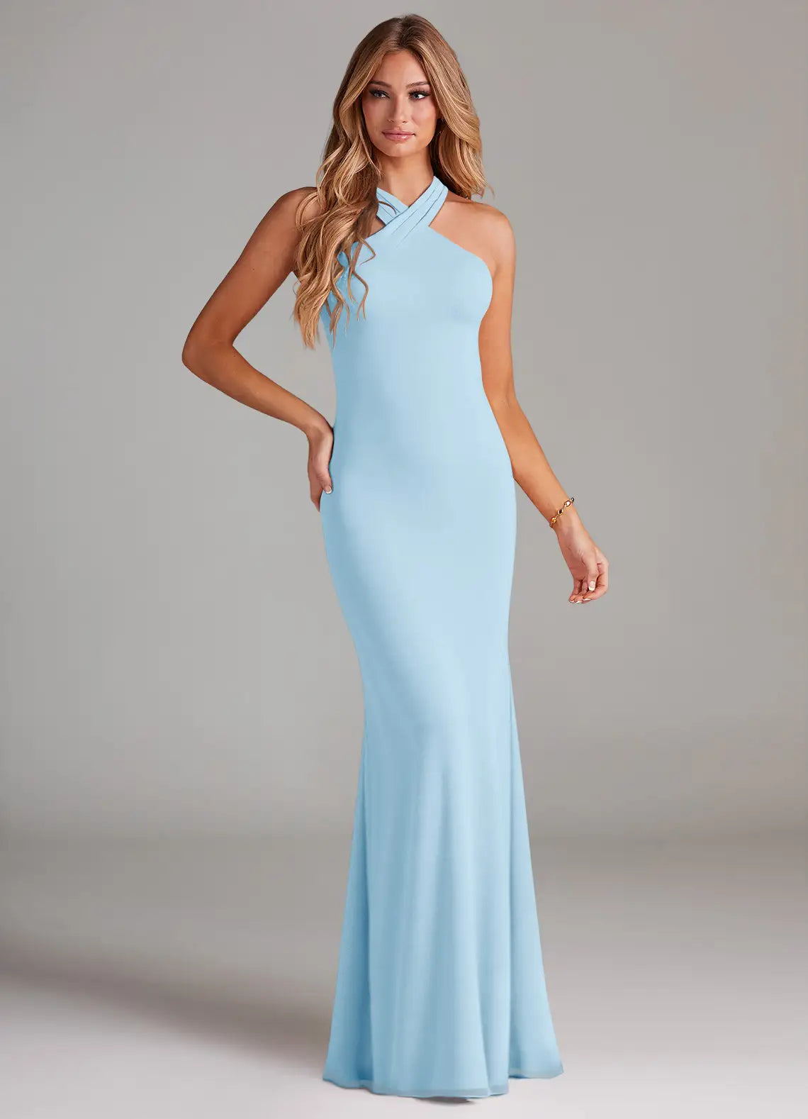 Sky Blue Mermaid Halter Chiffon Floor-Length Wedding Dress - Yihuiw by Yihuiw