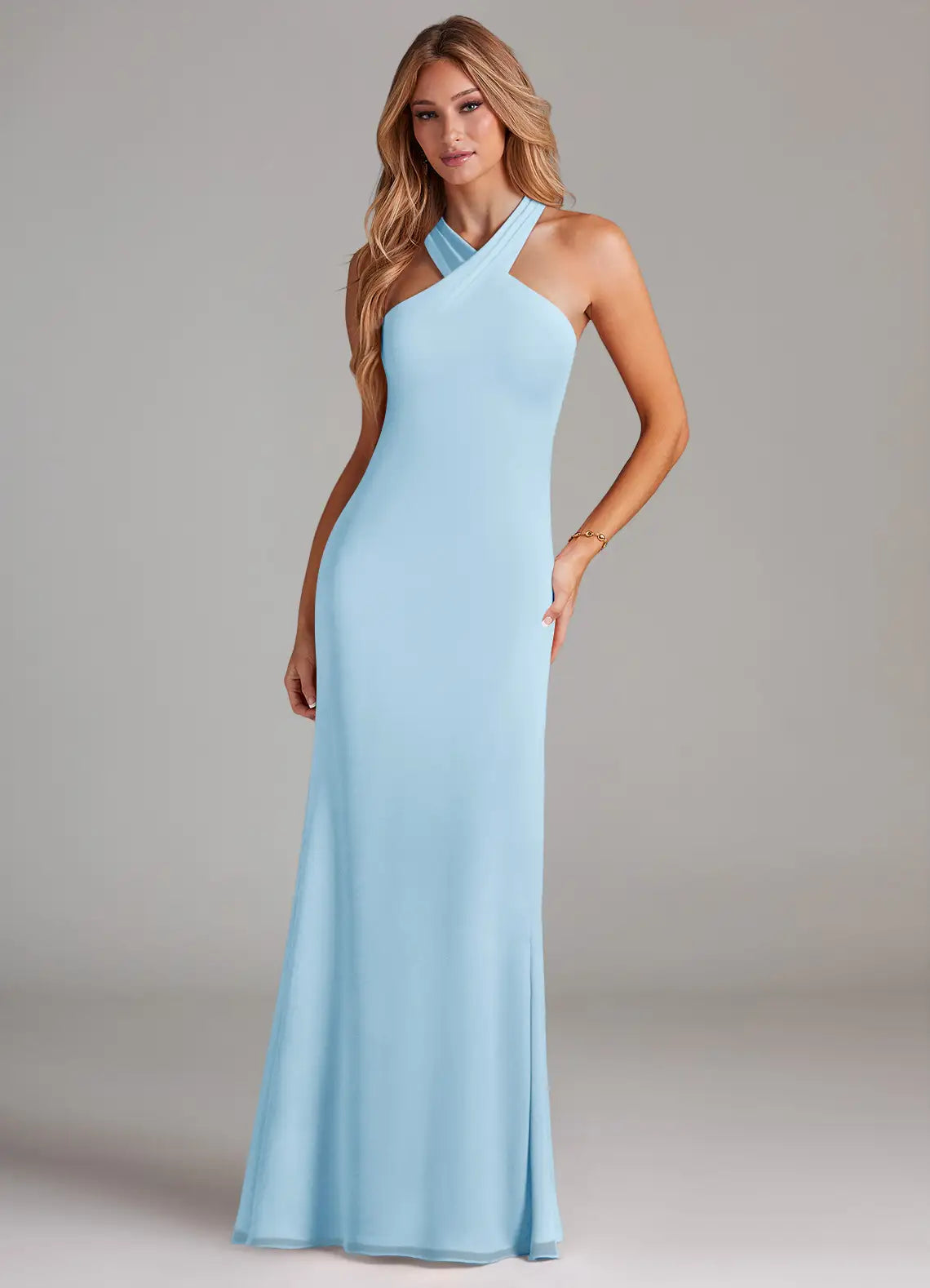Sky Blue Mermaid Halter Chiffon Floor-Length Wedding Dress - Yihuiw by Yihuiw