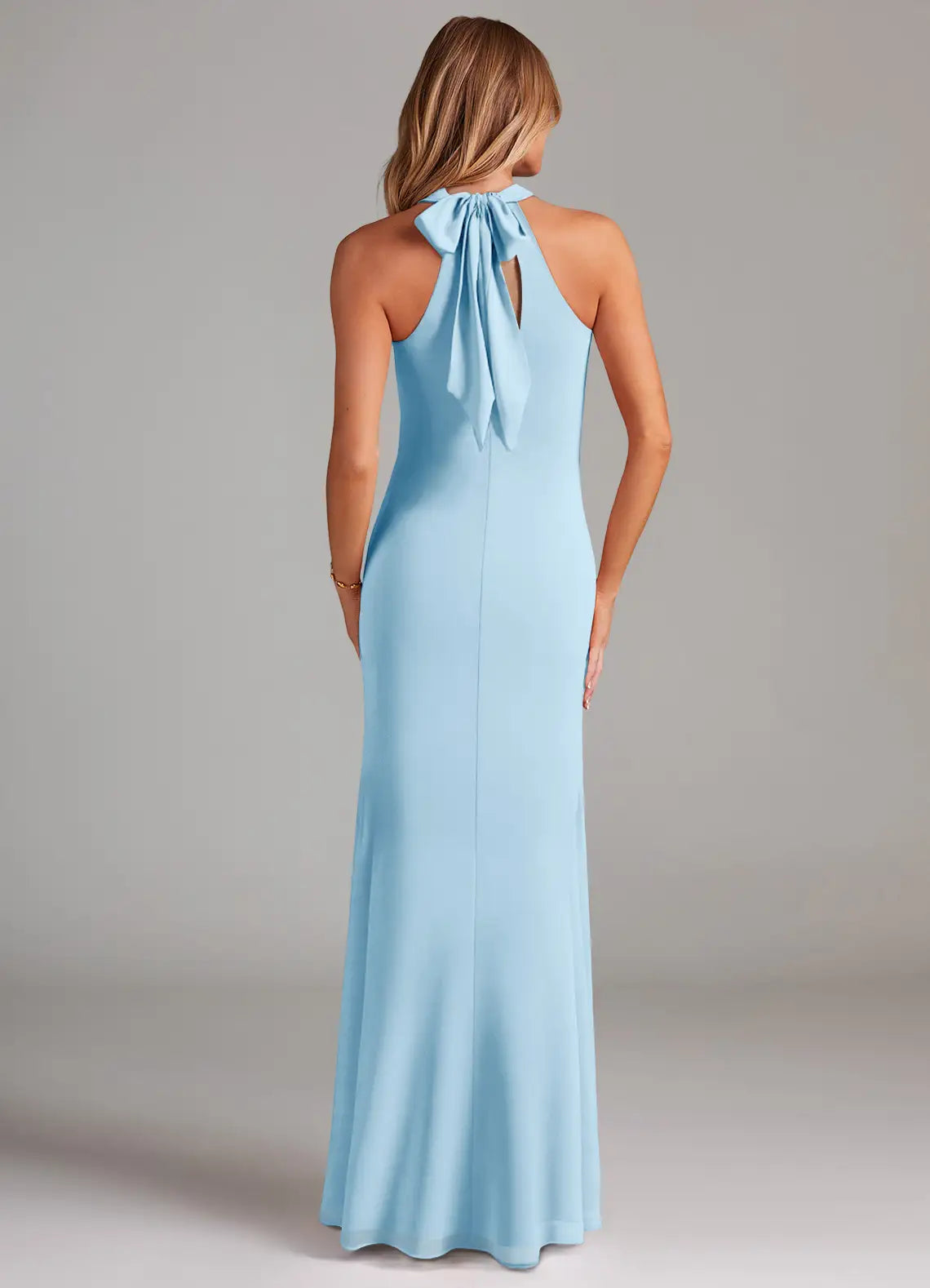 Sky Blue Mermaid Halter Chiffon Floor-Length Wedding Dress - Yihuiw by Yihuiw