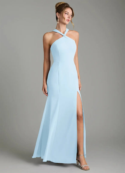 Sky Blue Mermaid Halter Crepe High Slit Floor-Length Wedding Dress - Yihuiw by Yihuiw