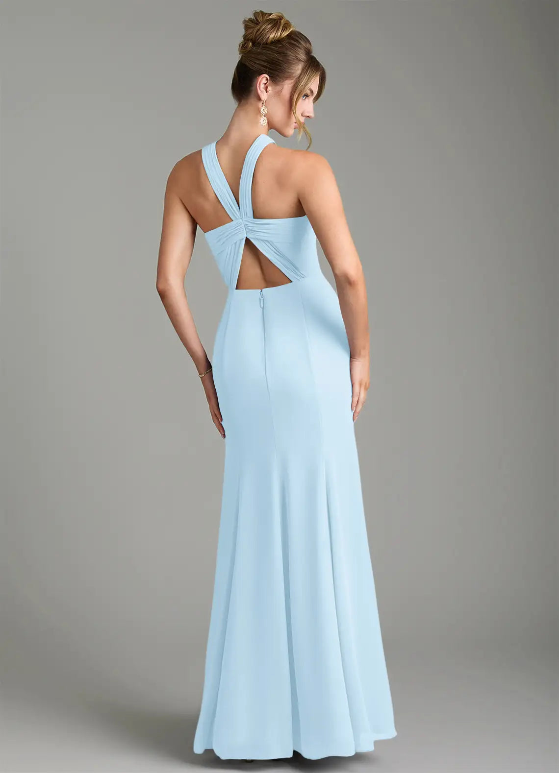 Sky Blue Mermaid Halter Crepe High Slit Floor-Length Wedding Dress - Yihuiw by Yihuiw