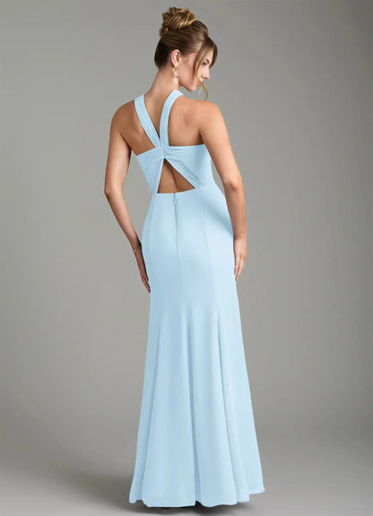 Sky Blue Mermaid Halter Crepe High Slit Floor-Length Wedding Dress - Yihuiw by Yihuiw