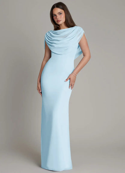 Sky Blue Mermaid Cowl Neck Chiffon Draped Floor-Length Wedding Dress - Yihuiw by Yihuiw