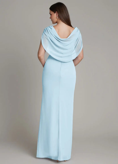 Sky Blue Mermaid Cowl Neck Chiffon Draped Floor-Length Wedding Dress - Yihuiw by Yihuiw