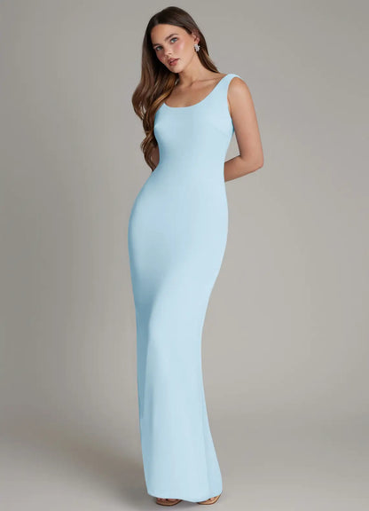 Sky Blue Mermaid Cowl Neck Chiffon Draped Floor-Length Wedding Dress - Yihuiw by Yihuiw