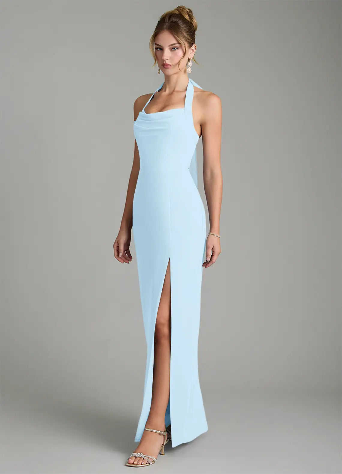 Sky Blue Mermaid Halter Crepe High Slit Floor-Length Wedding Dress - Yihuiw by Yihuiw