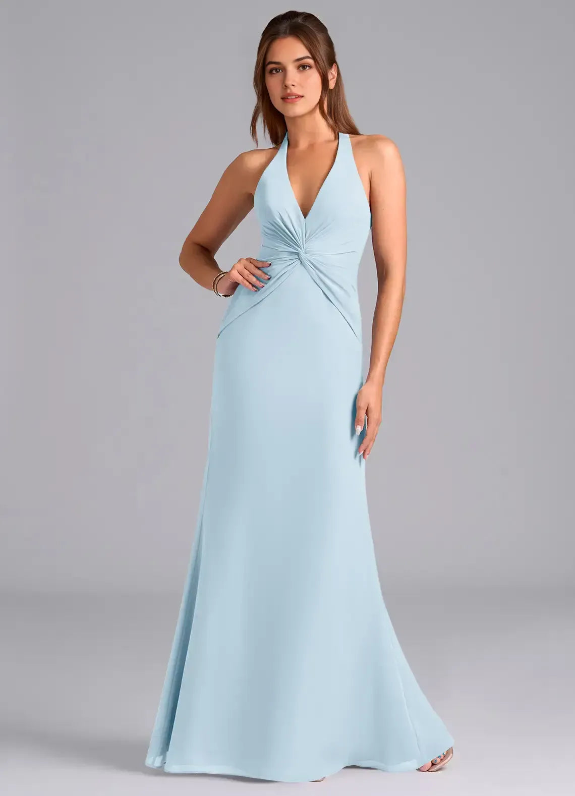 Sky Blue Mermaid Halter Chiffon Floor-Length Wedding Dress - Yihuiw by Yihuiw