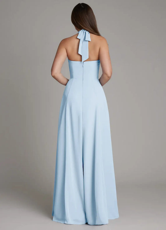 Sky Blue A-Line Halter Chiffon Floor-Length Wedding Dress - Yihuiw by Yihuiw