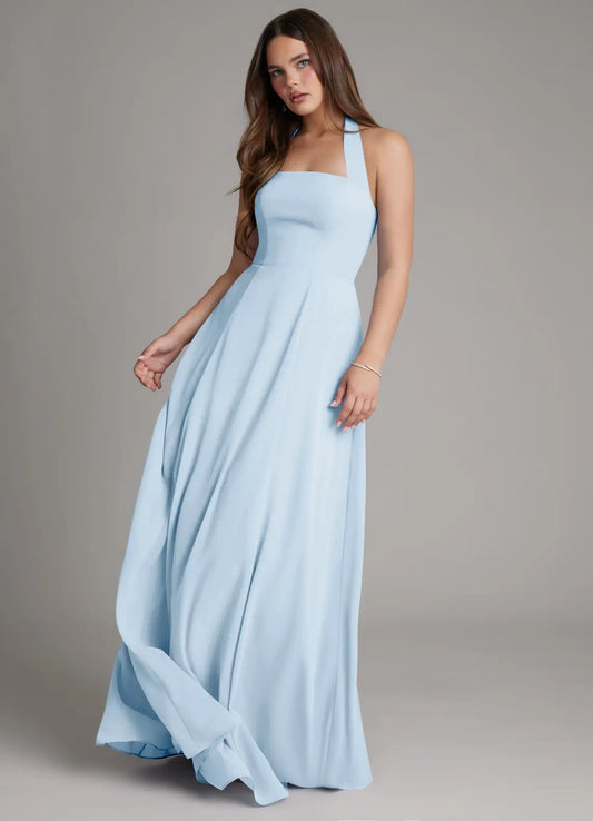 Sky Blue A-Line Halter Chiffon Floor-Length Wedding Dress - Yihuiw by Yihuiw