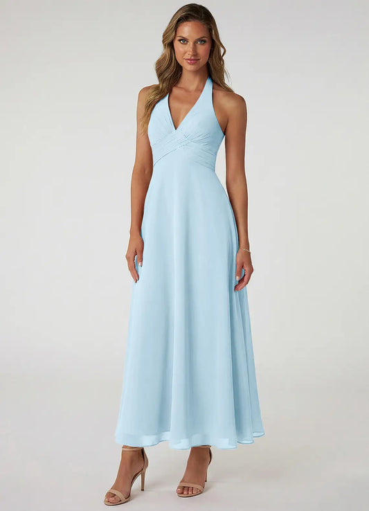 Sky Blue A-Line Halter Chiffon Open Back Ruched Floor-Length Wedding Dress - Yihuiw by Yihuiw