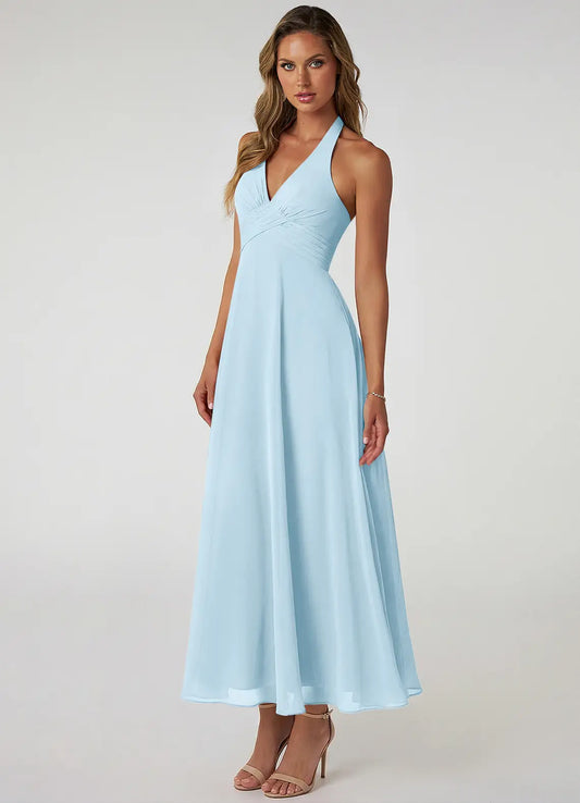 Sky Blue A-Line Halter Chiffon Open Back Ruched Floor-Length Wedding Dress - Yihuiw by Yihuiw