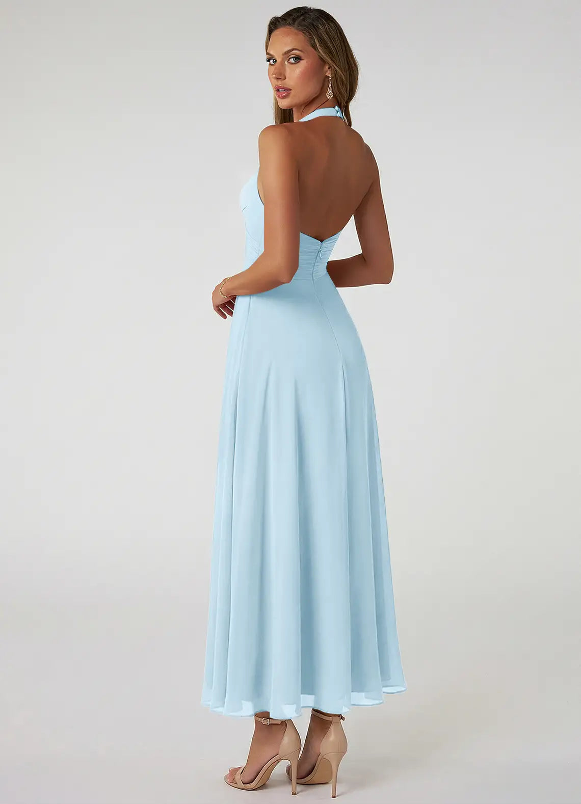 Sky Blue A-Line Halter Chiffon Open Back Ruched Floor-Length Wedding Dress - Yihuiw by Yihuiw