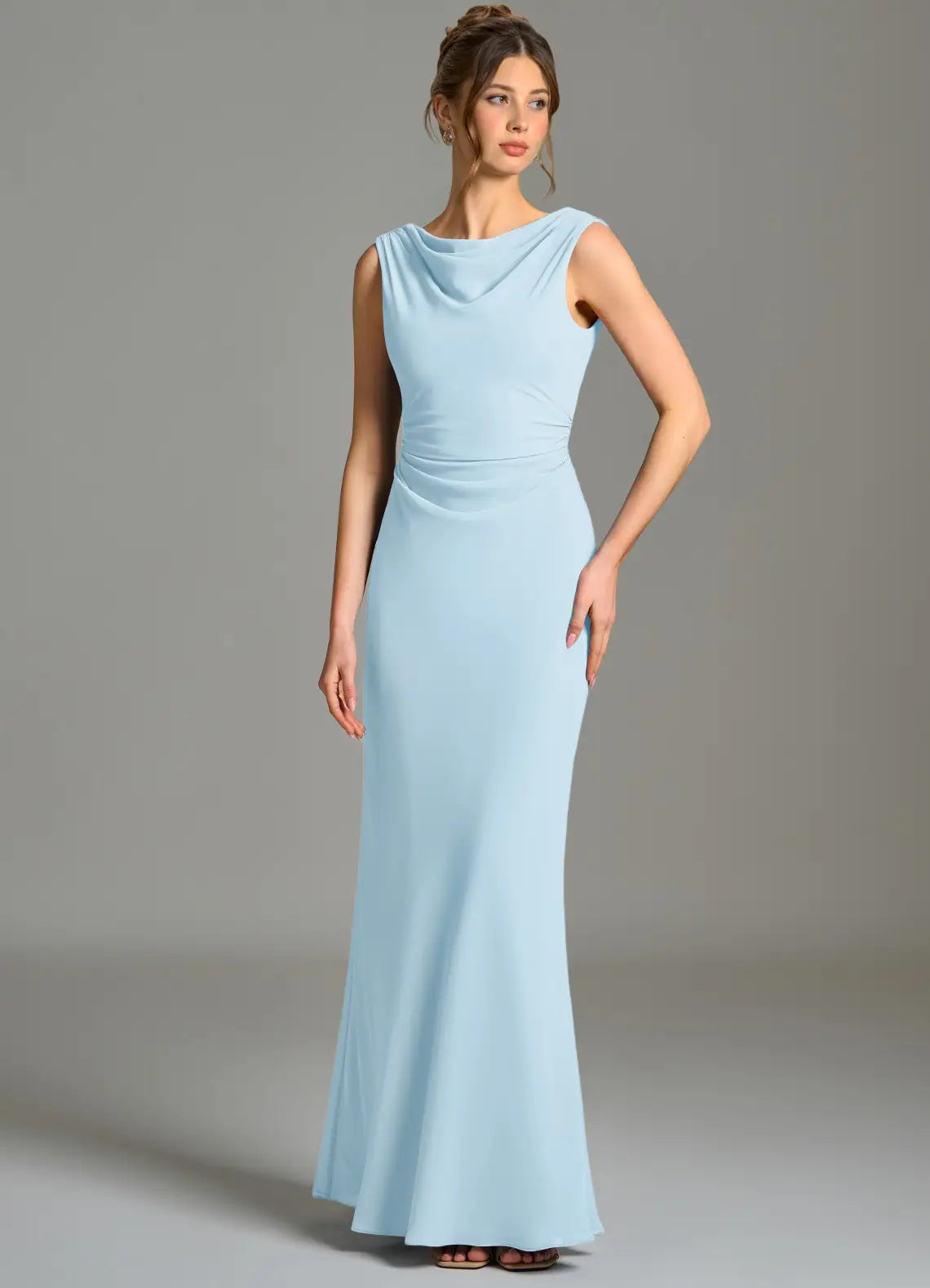 Sky Blue Mermaid Cowl Neck Chiffon Sleeveless Ruched Floor-Length Wedding Dress - Yihuiw by Yihuiw