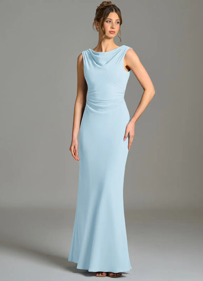 Sky Blue Mermaid Cowl Neck Chiffon Sleeveless Ruched Floor-Length Wedding Dress - Yihuiw by Yihuiw
