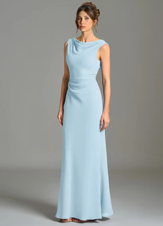 Sky Blue Mermaid Cowl Neck Chiffon Sleeveless Ruched Floor-Length Wedding Dress - Yihuiw by Yihuiw