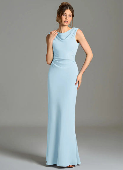 Sky Blue Mermaid Cowl Neck Chiffon Sleeveless Ruched Floor-Length Wedding Dress - Yihuiw by Yihuiw