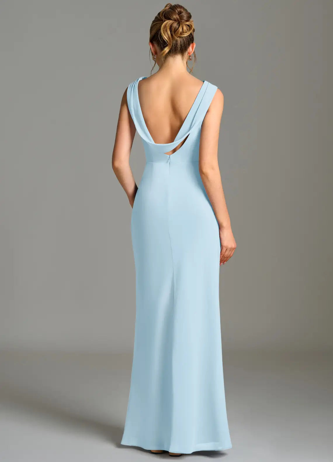 Sky Blue Mermaid Cowl Neck Chiffon Sleeveless Ruched Floor-Length Wedding Dress - Yihuiw by Yihuiw