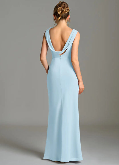 Sky Blue Mermaid Cowl Neck Chiffon Sleeveless Ruched Floor-Length Wedding Dress - Yihuiw by Yihuiw
