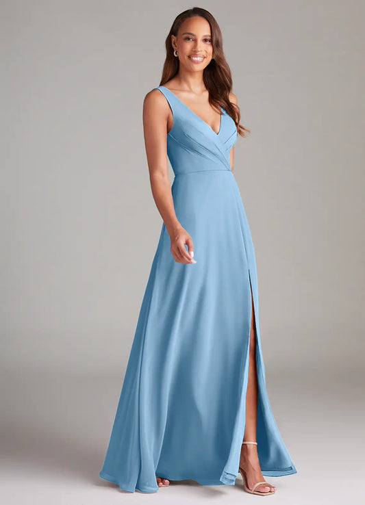 Sky Blue A-Line V-Neck Chiffon Sleeveless High Slit Floor-Length Wedding Dress - Yihuiw by Yihuiw