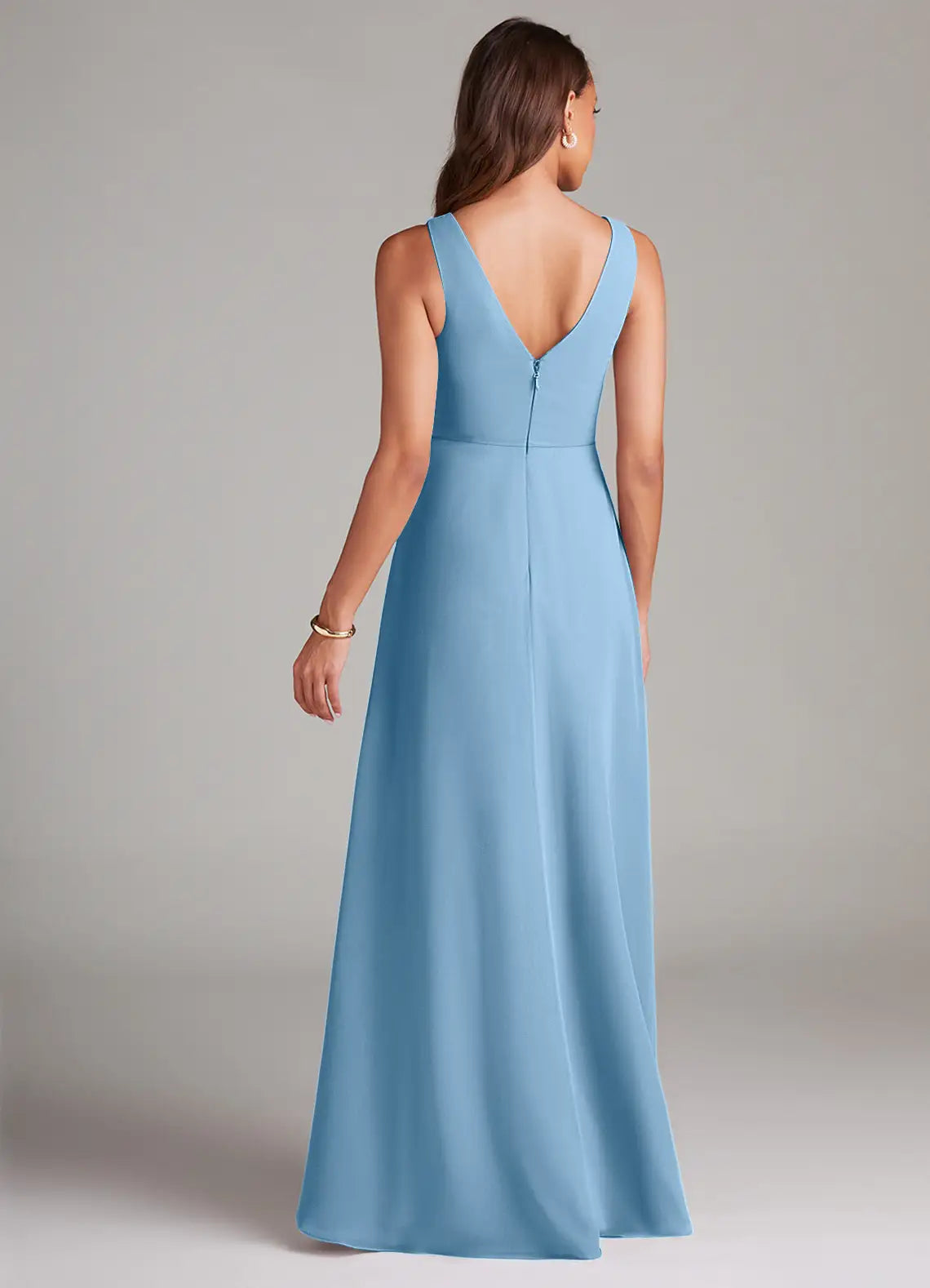 Sky Blue A-Line V-Neck Chiffon Sleeveless High Slit Floor-Length Wedding Dress - Yihuiw by Yihuiw