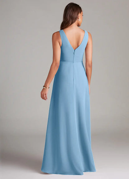 Sky Blue A-Line V-Neck Chiffon Sleeveless High Slit Floor-Length Wedding Dress - Yihuiw by Yihuiw